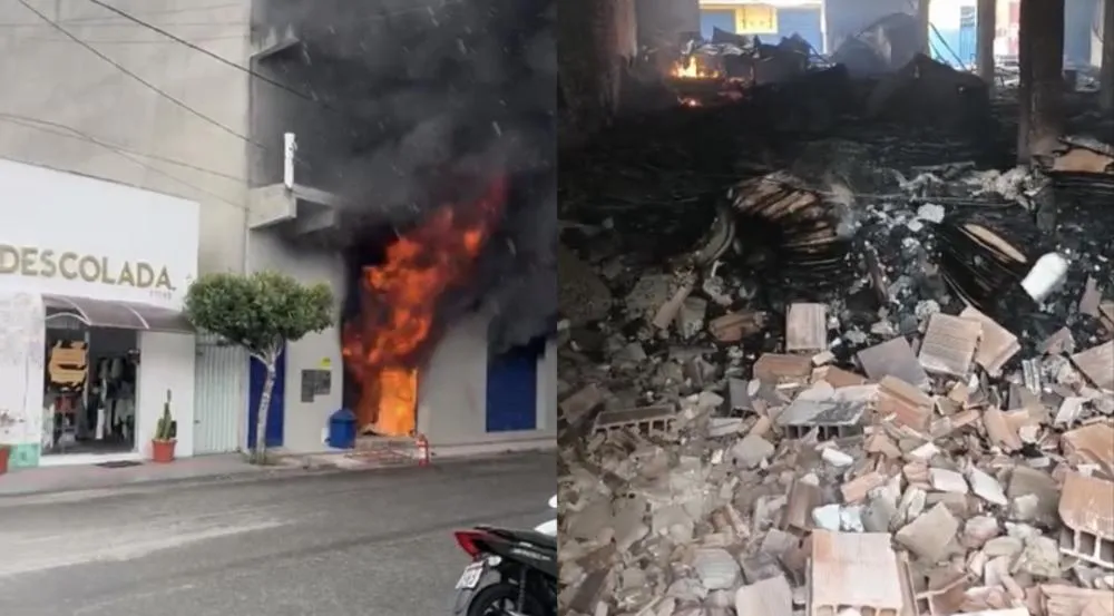 Incêndio destrói loja de três andares no centro de Mucuri e mobiliza grande operação dos Bombeiros