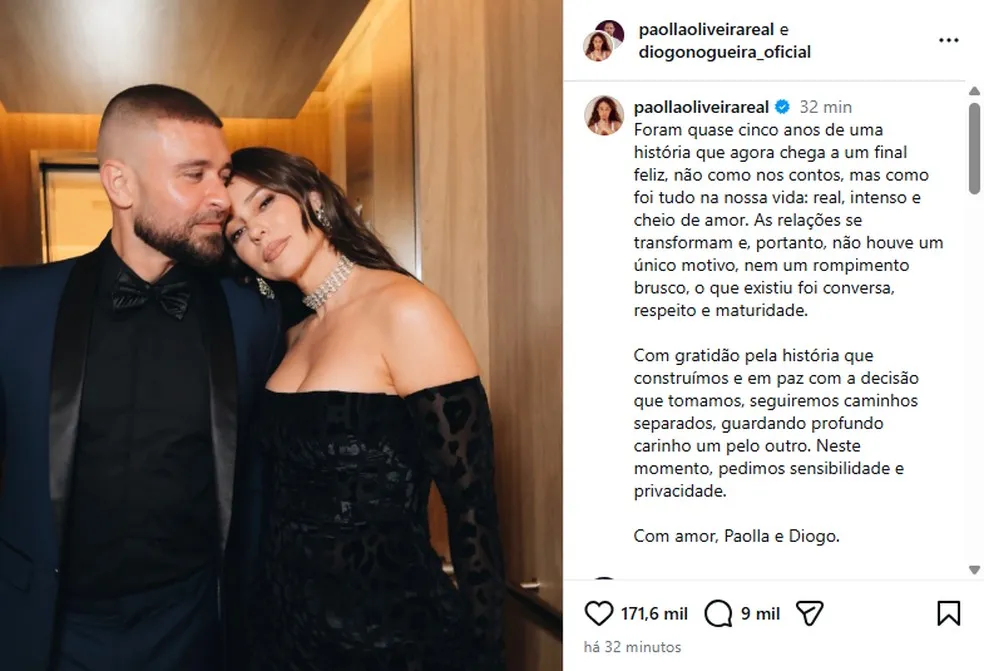 Paolla Oliveira e Diogo Nogueira anunciam separação após quase cinco anos juntos