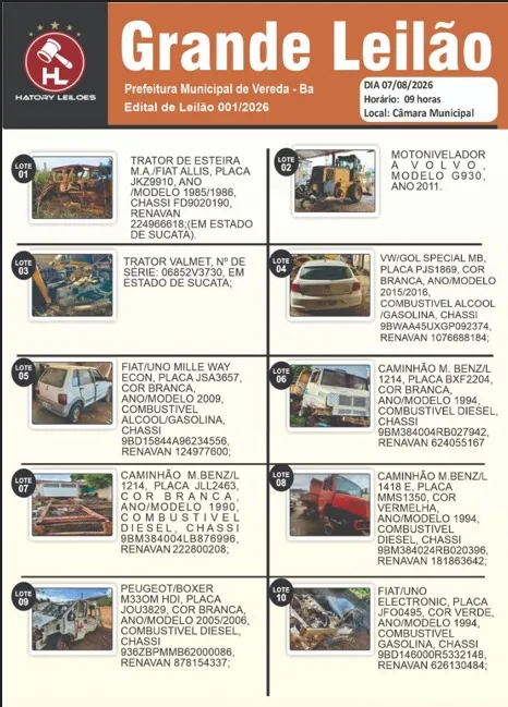 Prefeitura de Vereda realizará leilão de veículos e máquinas no dia 7 de agosto