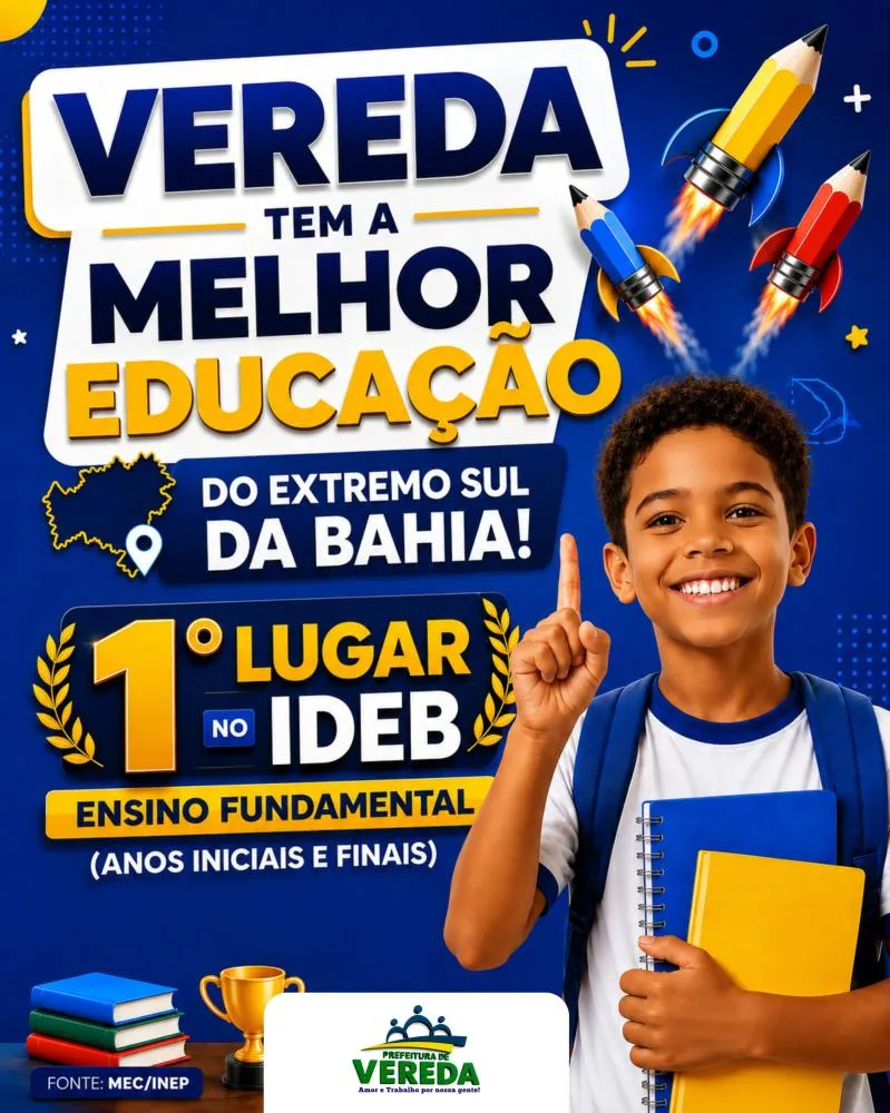 Vereda tem a melhor educação pública do extremo sul da Bahia - 1º lugar no IDEB da região!